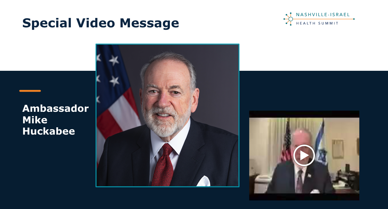 U.S. Ambassador to Israel Mike Huckabee addressing Summit attendees by video